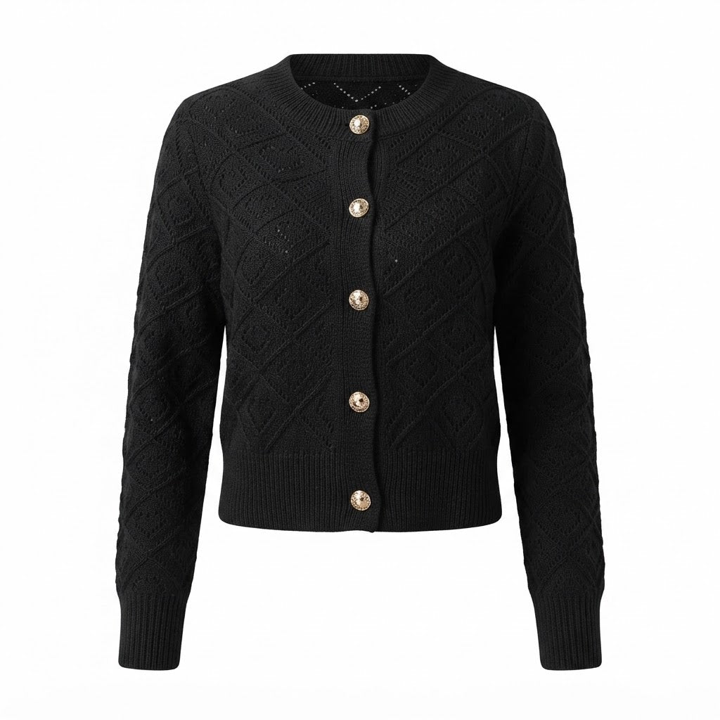 Merete | Women's Textured Knit Cardigan with Gold Buttons