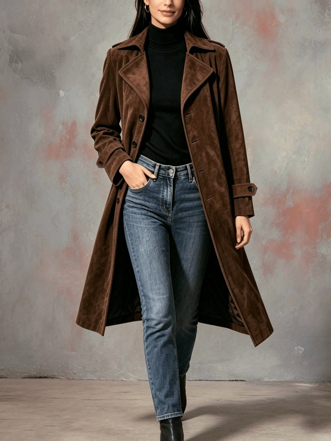Naomi | Women's Suede Longline Coat with Lapel