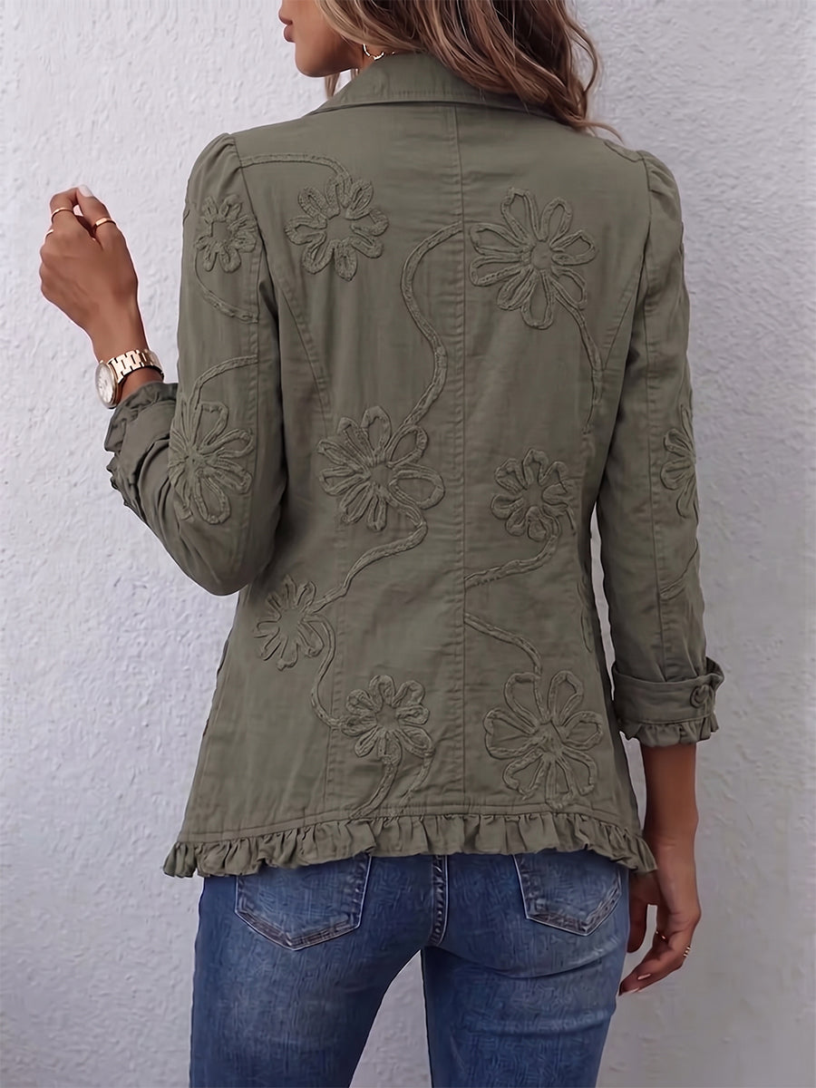 Kamberly | Women's Floral Embroidered Utility Jacket with Ruffled Trim