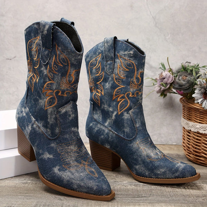 Zerlina | Women's Western Block Heel Cowboy Boots with Embroidery