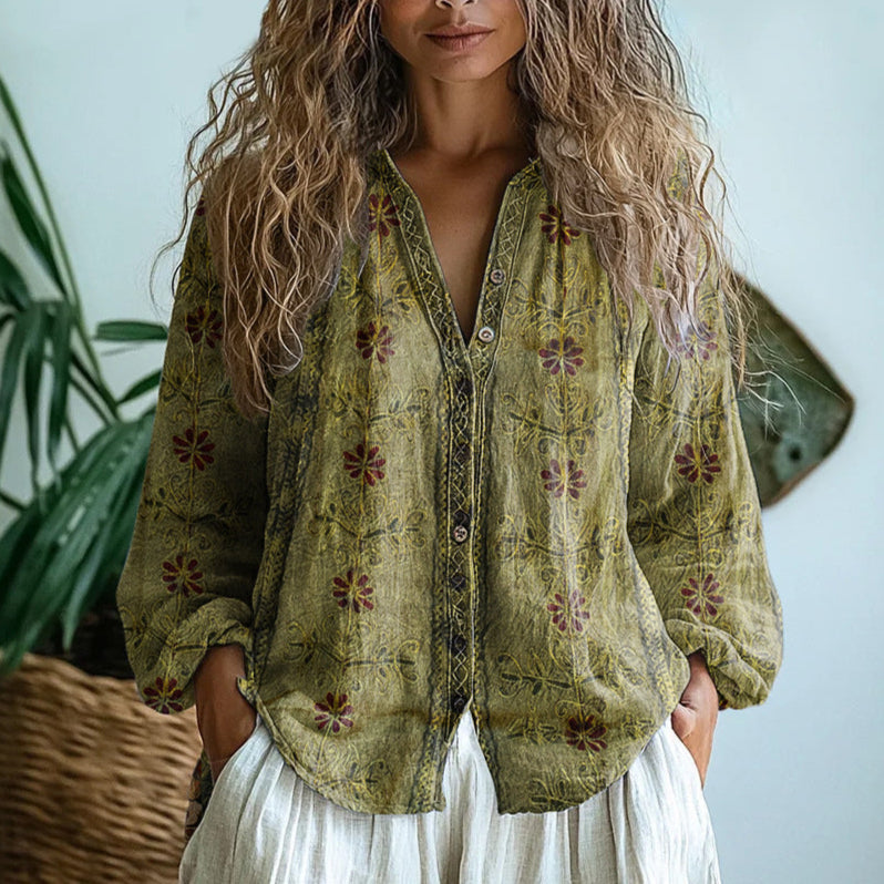 Petra | Embroidered Blouse with V-Neck and Long Sleeves for Women - Lavinem