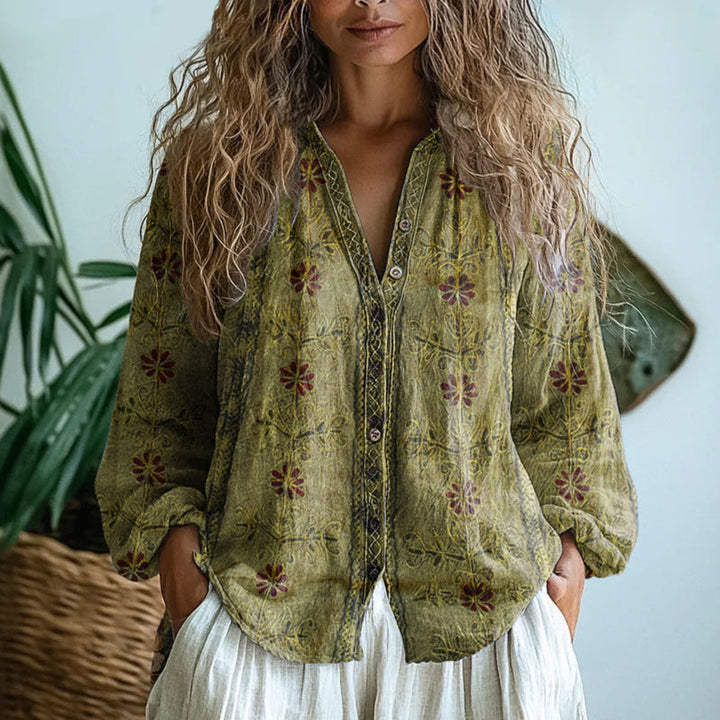 Petra | Embroidered Blouse with V-Neck and Long Sleeves for Women - Lavinem