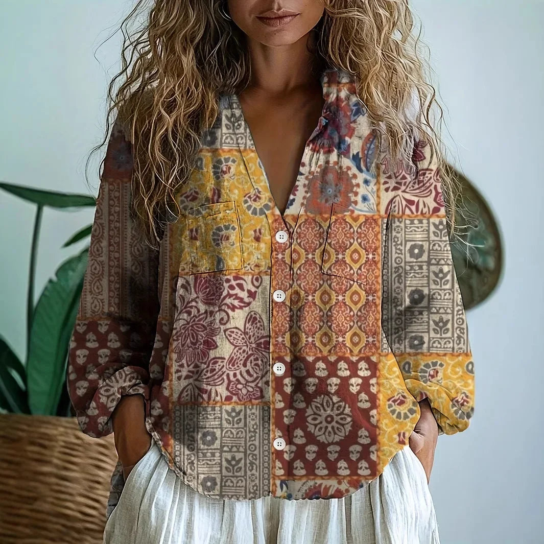 Petra | Embroidered Blouse with V-Neck and Long Sleeves for Women - Lavinem