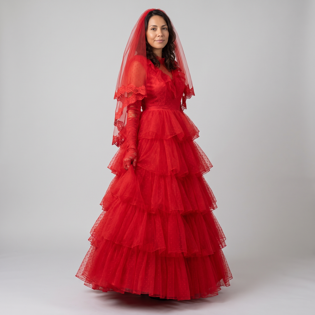 Women's Red Ghost Bride Gown Costume with Veil - image 3