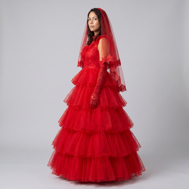 Women's Red Ghost Bride Gown Costume with Veil - image 4
