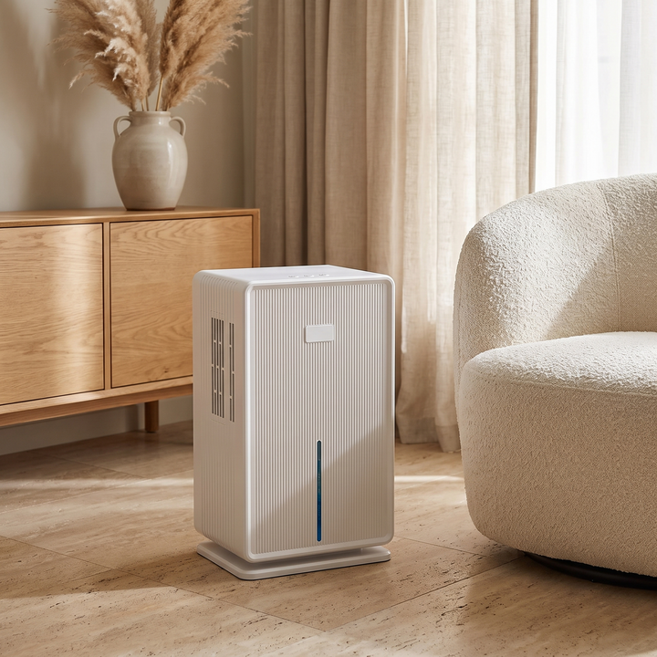 Ribbed compact dehumidifier beside a boucle armchair in a living room