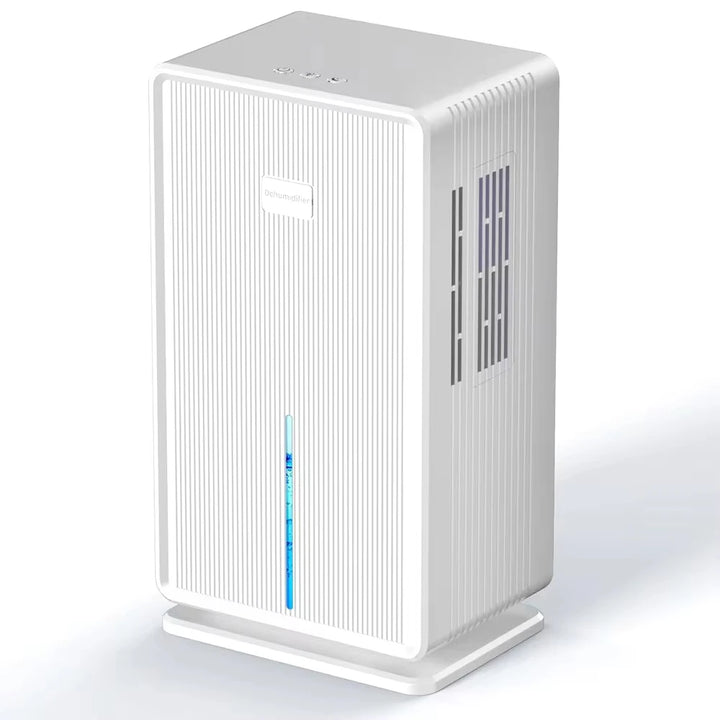 Ribbed compact dehumidifier in white, side view