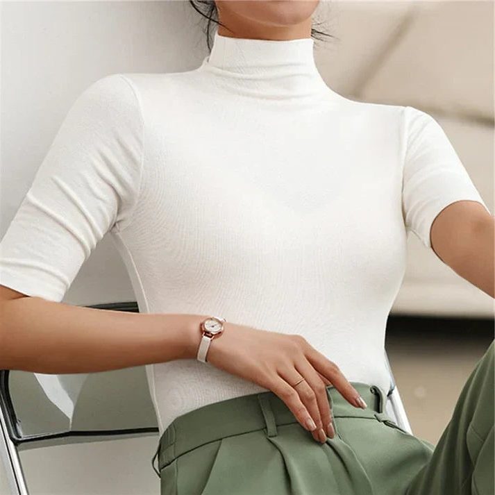 Danica | Women's Ribbed Knit Top with Roll Neck and Short Sleeves