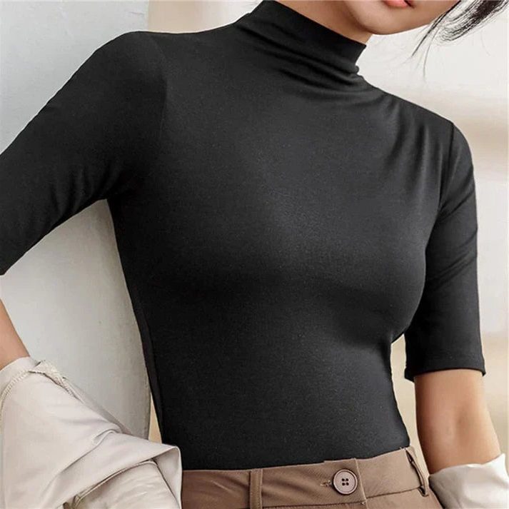 Danica | Women's Ribbed Knit Top with Roll Neck and Short Sleeves