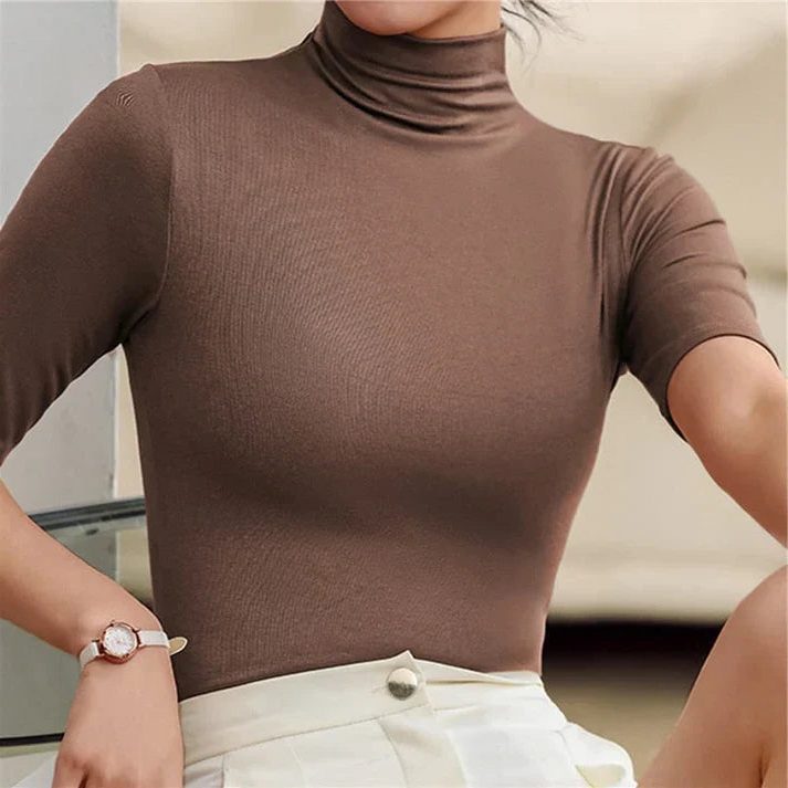 Danica | Women's Ribbed Knit Top with Roll Neck and Short Sleeves