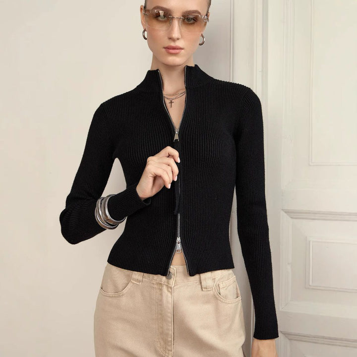 Stefanie | Women's Ribbed Knit Zip-Up Sweater with Roll Neck