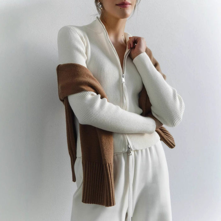 Stefanie | Women's Ribbed Knit Zip-Up Sweater with Roll Neck