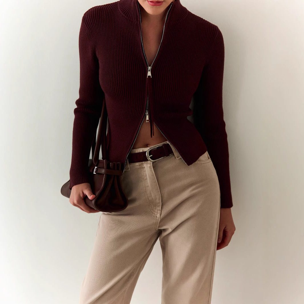 Stefanie | Women's Ribbed Knit Zip-Up Sweater with Roll Neck