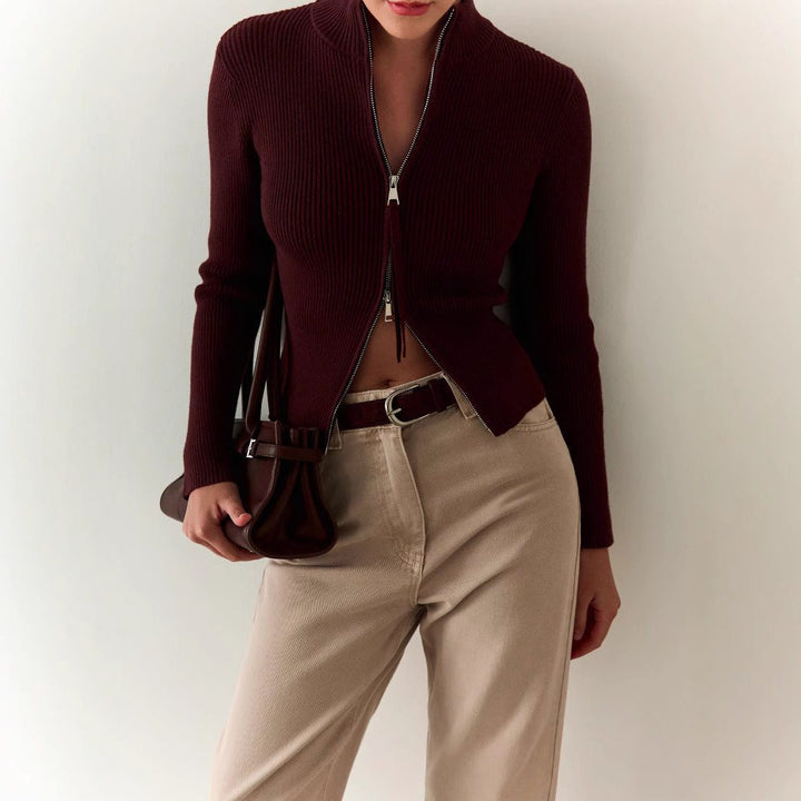 Stefanie | Women's Ribbed Knit Zip-Up Sweater with Roll Neck