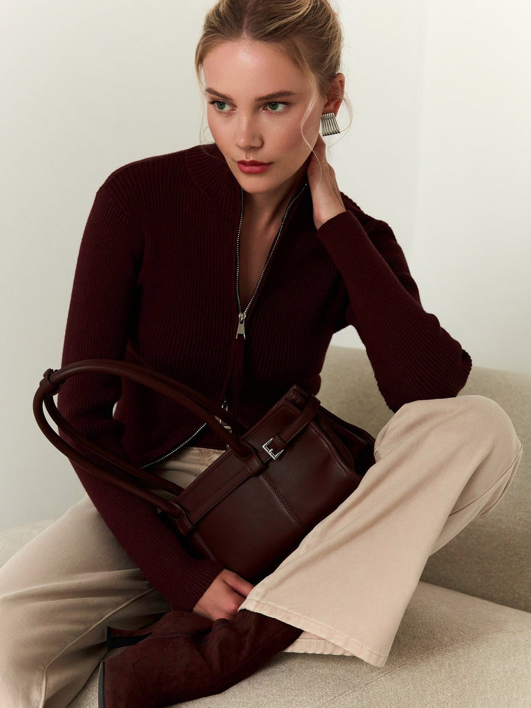 Stefanie | Women's Ribbed Knit Zip-Up Sweater with Roll Neck