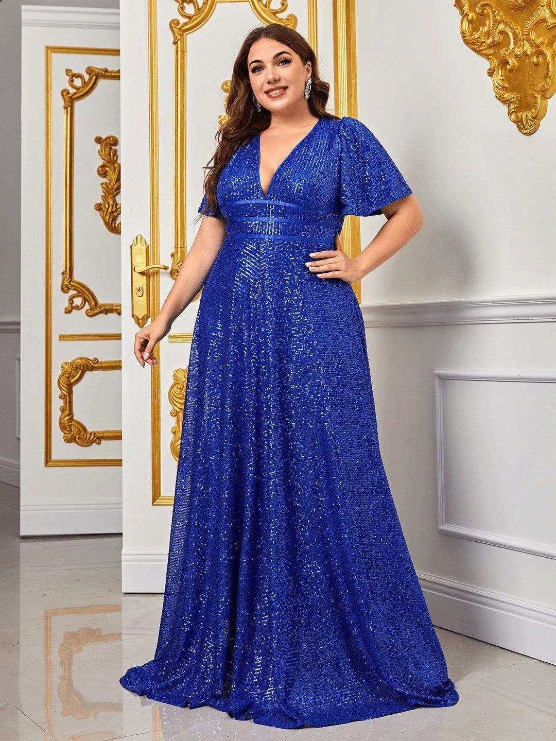 Sade | Women's Sequin Maxi Dress with V-Neck and Short Sleeves