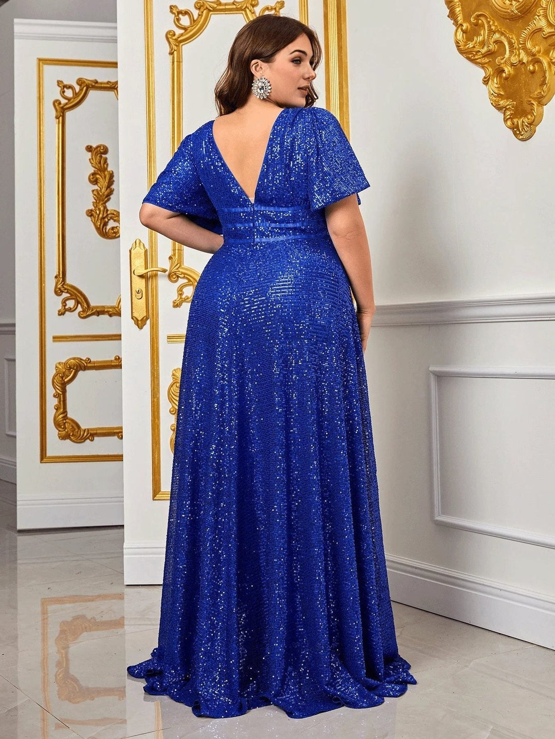 Sade | Women's Sequin Maxi Dress with V-Neck and Short Sleeves