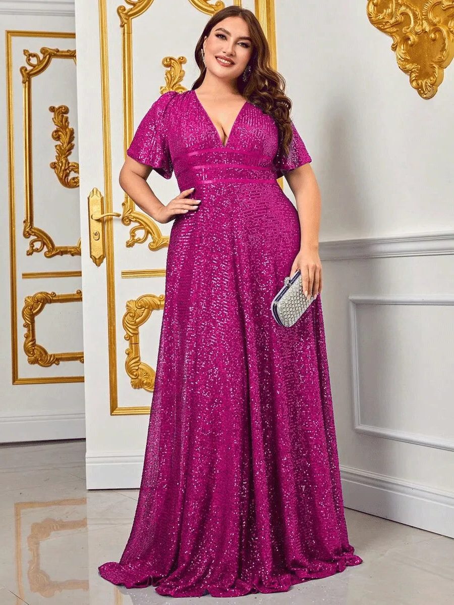 Sade | Women's Sequin Maxi Dress with V-Neck and Short Sleeves