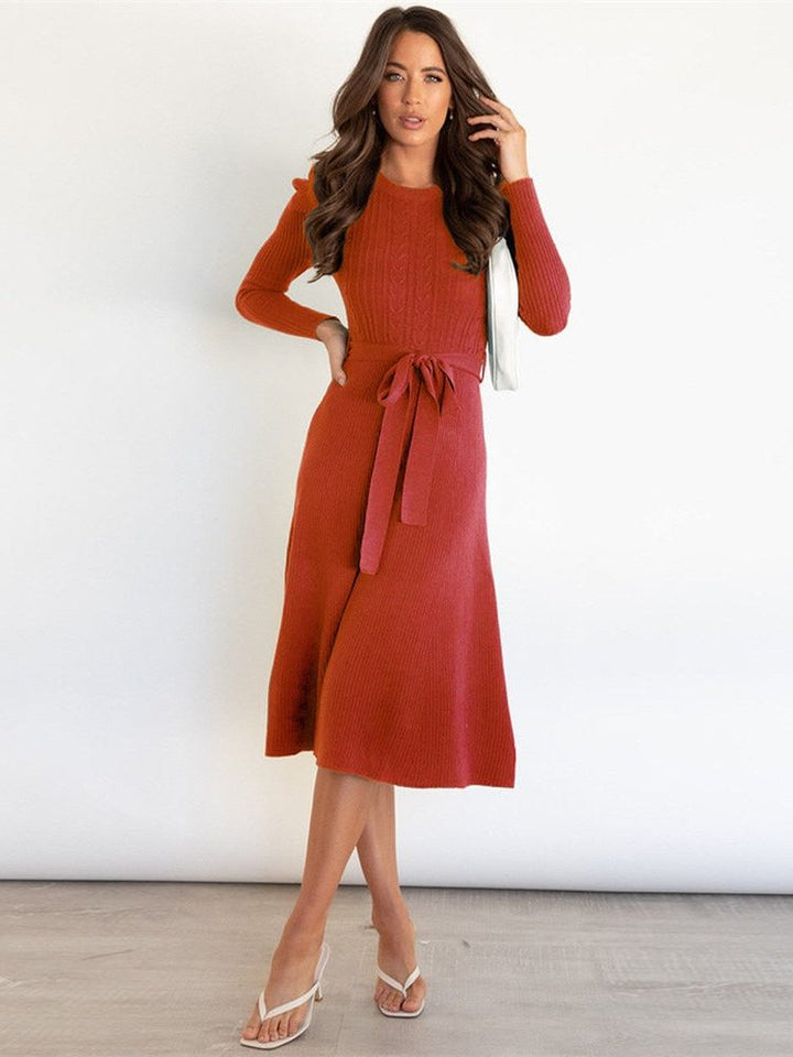 Vespertine | Women's Ribbed Knit Midi Dress with Belt