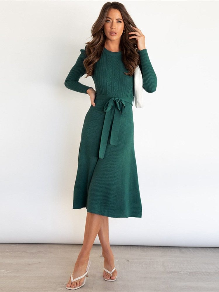 Vespertine | Women's Ribbed Knit Midi Dress with Belt