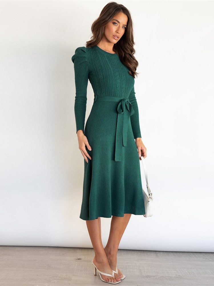 Vespertine | Women's Ribbed Knit Midi Dress with Belt