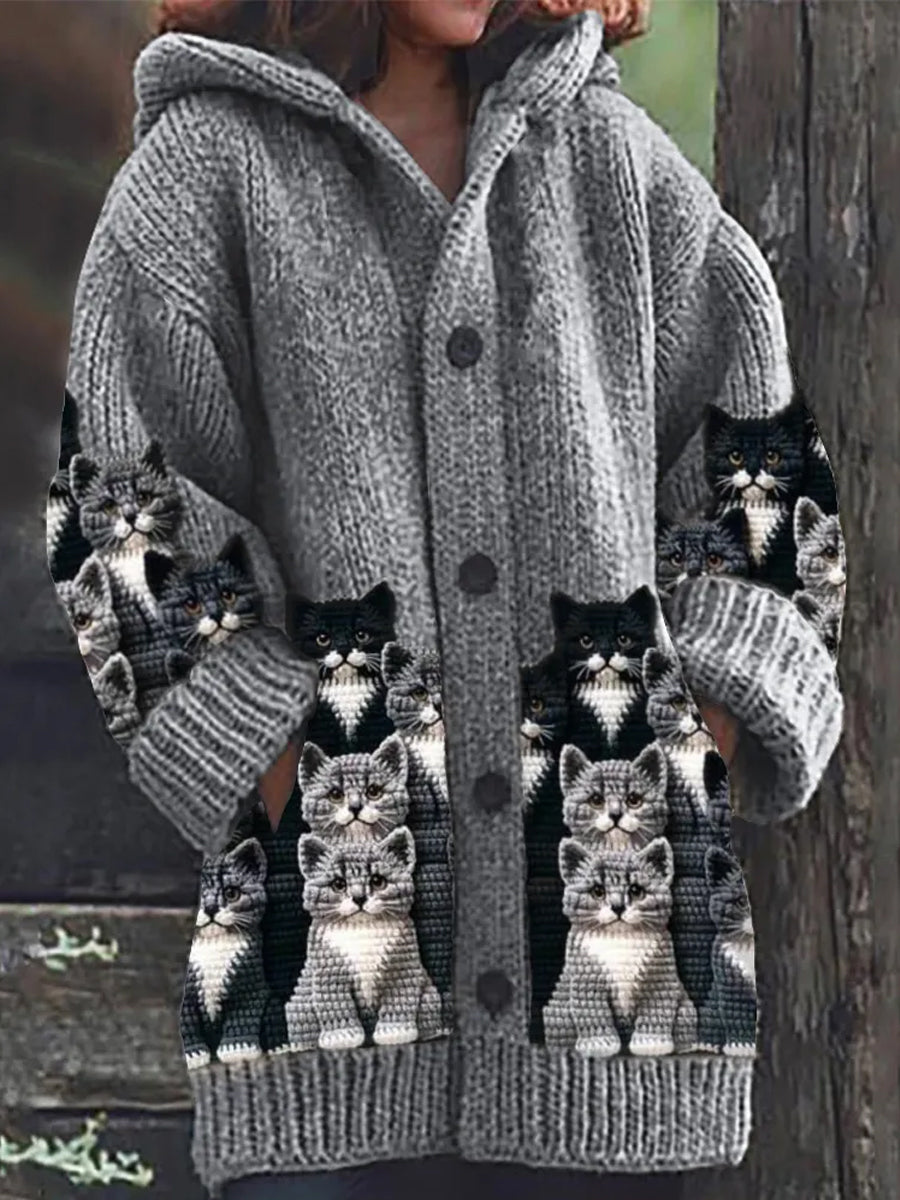 Katell | Women's Cat Print Hooded Knit Cardigan