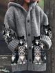 Katell | Women's Cat Print Hooded Knit Cardigan