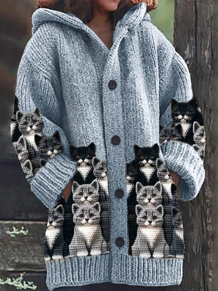 Katell | Women's Cat Print Hooded Knit Cardigan