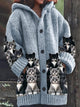 Katell | Women's Cat Print Hooded Knit Cardigan