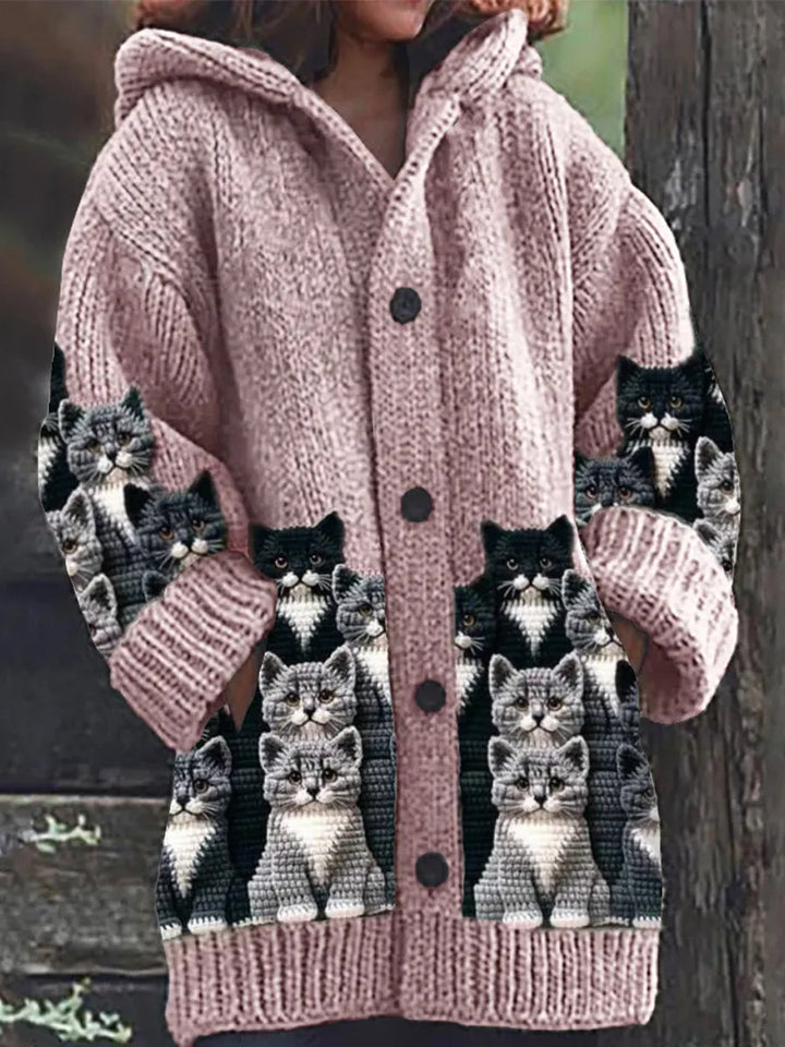 Katell | Women's Cat Print Hooded Knit Cardigan