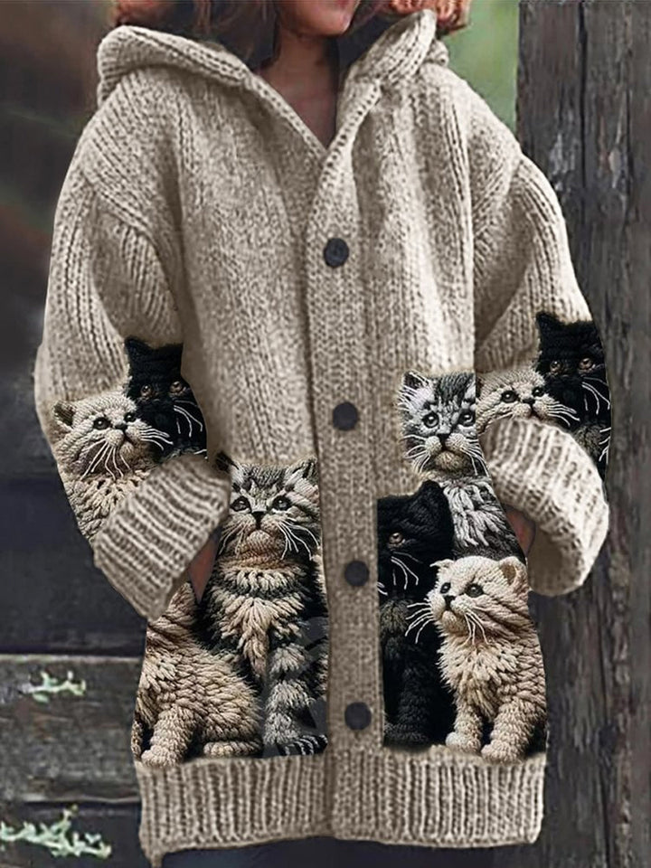 Coralia | Women's Cat Print Hooded Button Cardigan