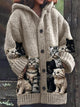 Coralia | Women's Cat Print Hooded Button Cardigan