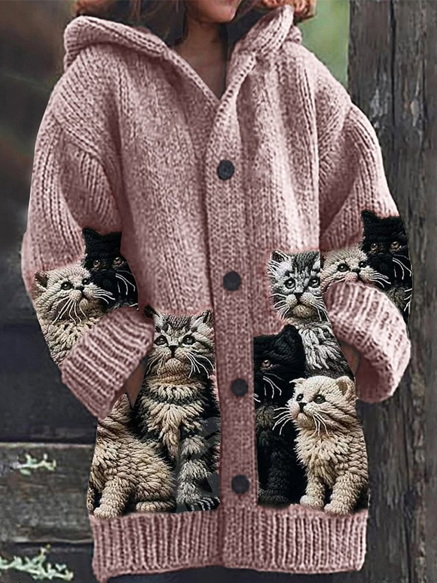 Coralia | Women's Cat Print Hooded Button Cardigan