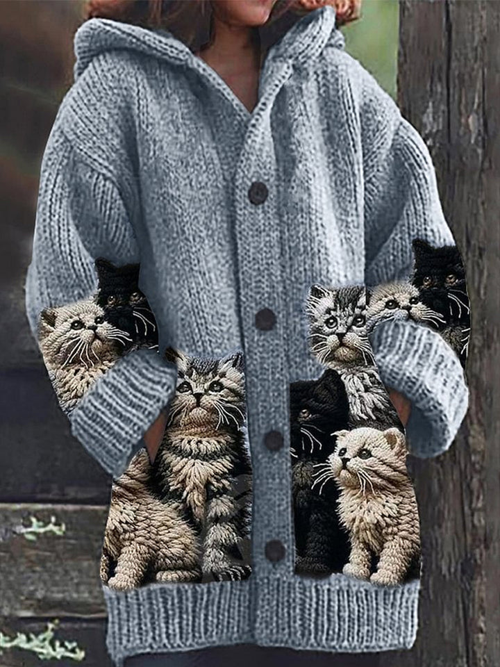 Coralia | Women's Cat Print Hooded Button Cardigan