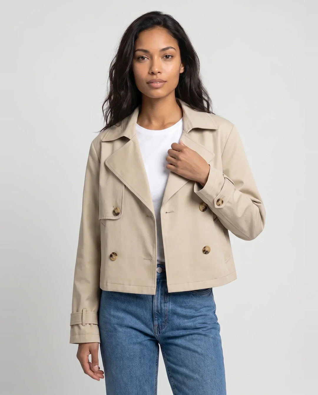 Dana | Women's Beige Cropped Double-Breasted Trench Jacket