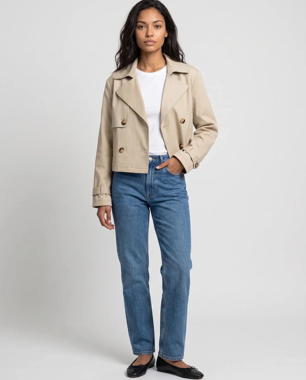 Dana | Women's Beige Cropped Double-Breasted Trench Jacket