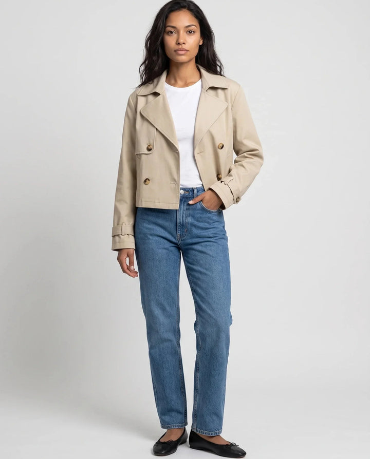 Dana | Women's Beige Cropped Double-Breasted Trench Jacket