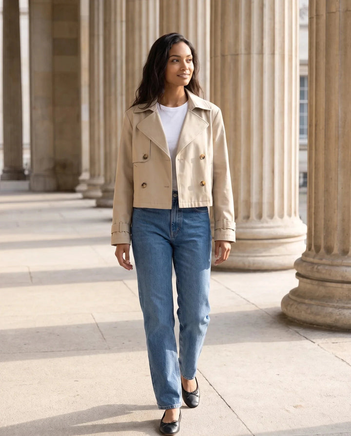 Dana | Women's Beige Cropped Double-Breasted Trench Jacket