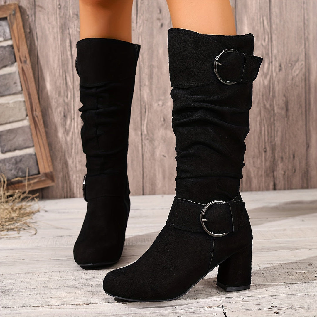 Women's Twin-Buckle Ruched Slouch Mid-Calf Boots - image 1
