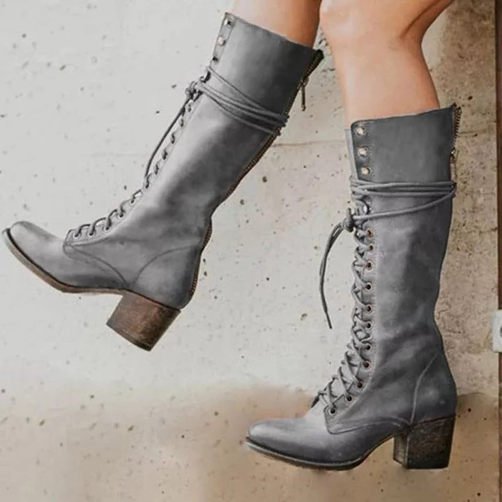 Ffionwen | Women's Block Heel Combat Boots with Lace-Up