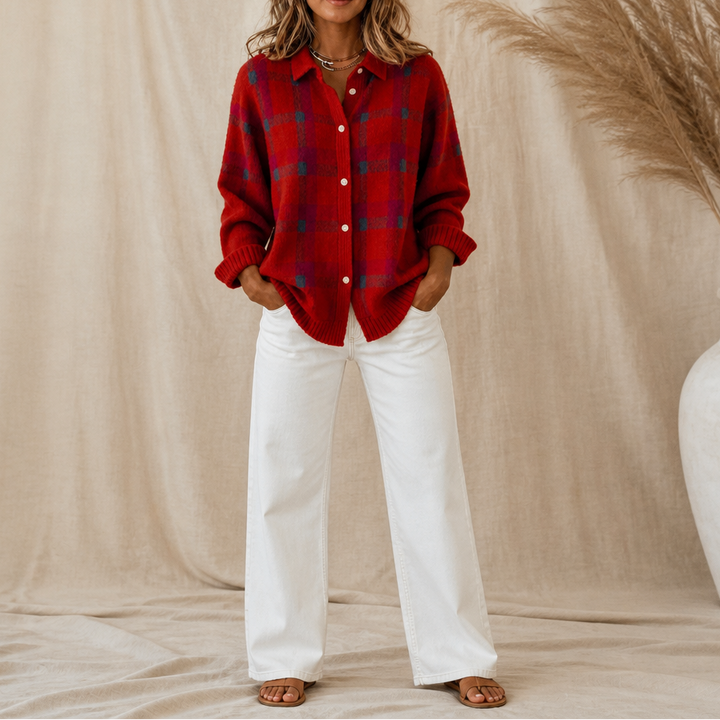 Elva | Women's Plaid Shirt-Collar Cardigan