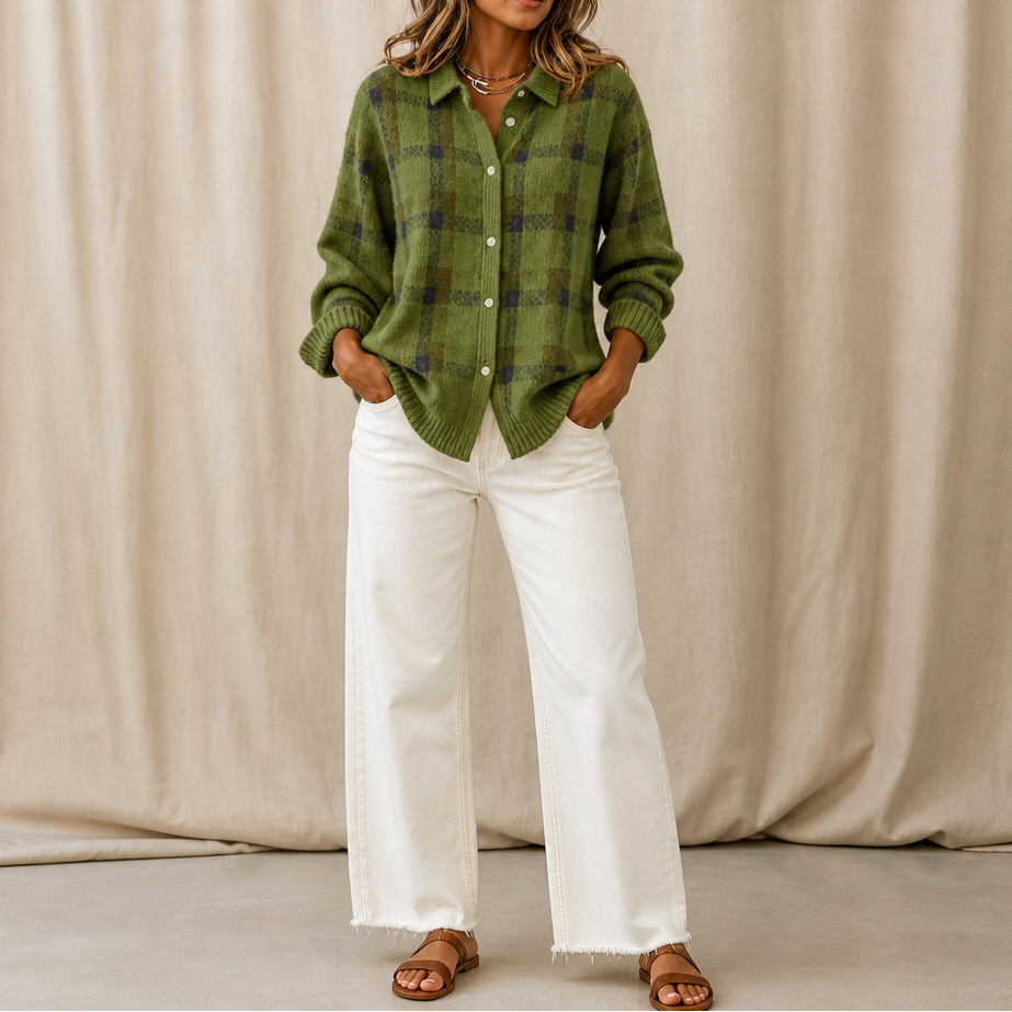 Elva | Women's Plaid Shirt-Collar Cardigan