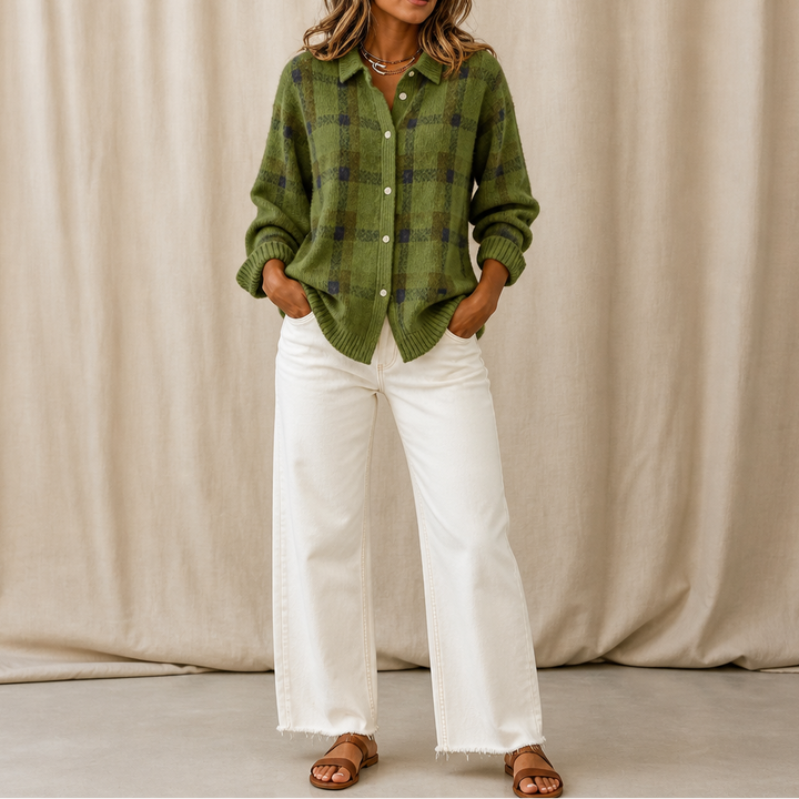 Elva | Women's Plaid Shirt-Collar Cardigan