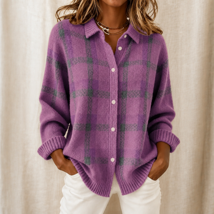 Elva | Women's Plaid Shirt-Collar Cardigan