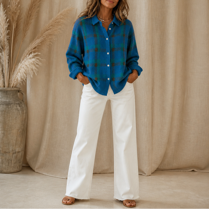 Elva | Women's Plaid Shirt-Collar Cardigan
