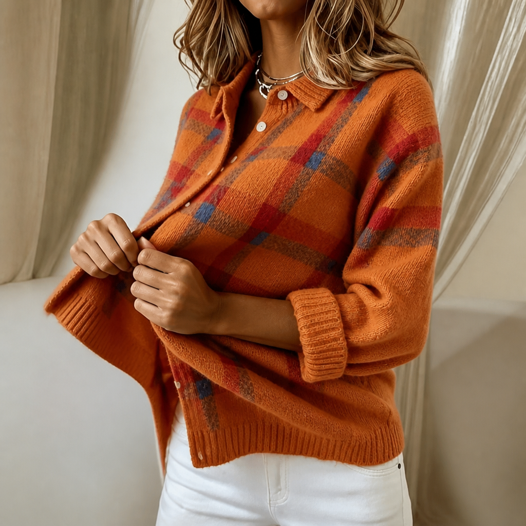 Elva | Women's Plaid Shirt-Collar Cardigan