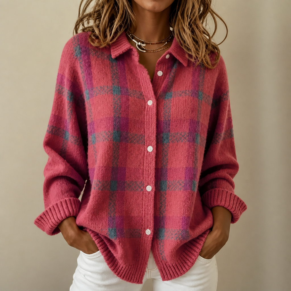 Elva | Women's Plaid Shirt-Collar Cardigan
