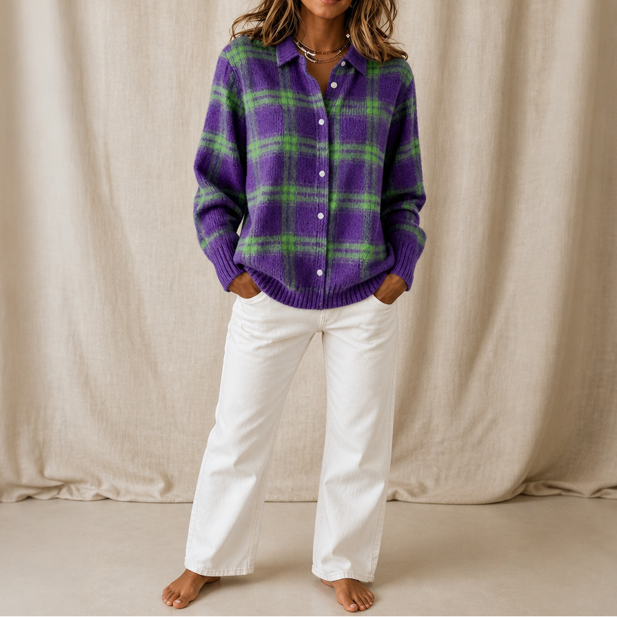 Elva | Women's Plaid Shirt-Collar Cardigan
