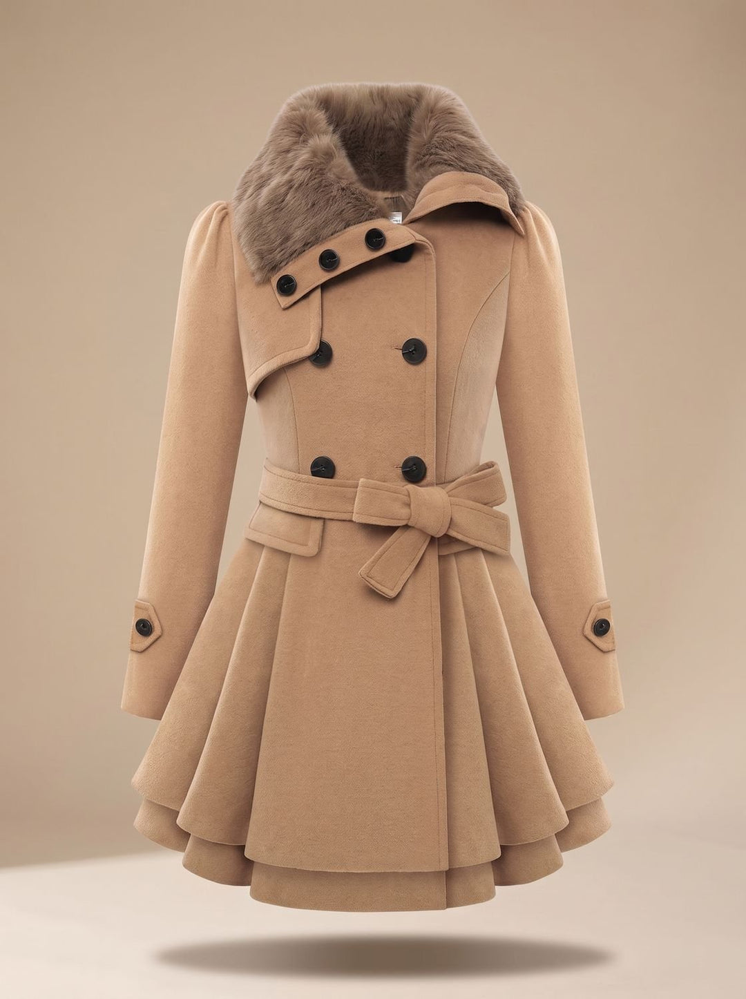 Marrit Double-Breasted Skirted Coat with Faux Fur Collar - image 1