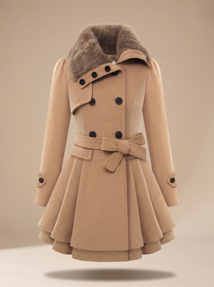 Marrit Double-Breasted Skirted Coat with Faux Fur Collar - image 1